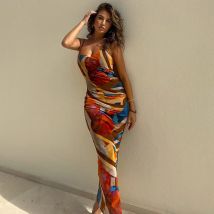 Krawatten-Print geripptes Midi-Kleid für Frauen Sommer-Outfits Bodycon Seitens chlitz y2k Outfits sexy Streetwear langes Kleid