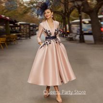 Mother of The Bride Dress with Jacket Customized V Neck 3/4 Sleeves Black Applique Tea Length Wedding Guest Gown for Mom