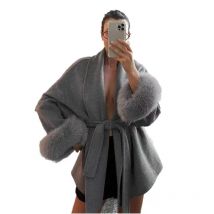 2025 Autumn Women's Chic Lapel Plush Coat With Belt Vintage Faux Fur Sleeve Tweed Open Coats Female Winter Casual Street Outwear