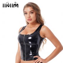 Modisches Damen-Tanktop aus Lackleder mit Reißverschluss, Wet-Look, Rave-Festival-Outfit, U-Ausschnitt, ärmellose Weste für Club-Pole-Dance