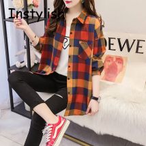 Frauen Frühling Herbst Langarm lose Bluse koreanische Mode Plaid Revers Shirt lässig Vintage Harajuku übergroße Tops y2k neu