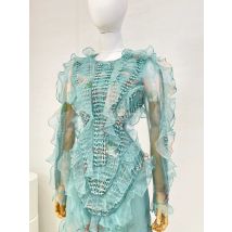 Bedrucktes Midikleid mit gerafften Falten 2025, hochwertiges, mehrfarbiges, langärmliges Blumenmuster