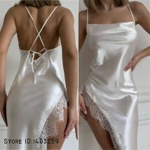 Women's Spaghetti Strap Nightgown Chemise Sleepwear Sexy Intimate Lingerie Backless Lace Split Nightdress Homewear Satin Nighty