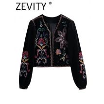 Zevity Women Vintage Flower Embroidery National Style Short Coat Ladies Retro Open Stitching Casual Velvet Jacket Tops CT100