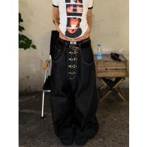 Deeptown Y2k Schwarz Metall Schnalle Design Frauen Jeans Gewaschen Übergroße Breite Bein American Vintage Denim Hosen Hip Hop Streetwear