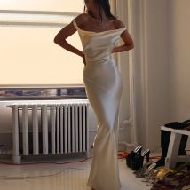 Sexy Slash Neck Satin Slim Party Dress Fashion Sleeveless High Waist Women Evening Dress Elegant Solid Color Robe Dress Vestidos