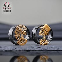 KUBOOZ Gothic Men And Women Skeleton Ear Tunnels Plugs Stainless Steel Ear Expander Gauges Stretchers Piercing Jewelry 2PCS