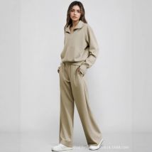2025 New Woman Solid Color Half Zip Long Sleeve Sweatshirt And Wide Leg Pants Set Casual Sporty Two Piece Outfit