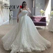 Luxuriöses Hochzeitskleid mit bestickter Spitze auf Netz und Prinzessin-Ballkleid, quadratischem Kragen, Fullsleeve-Knopf, individuell gestaltet, Vestido De Novia