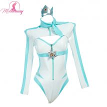 MOBBUNNY Frauen Prinzessin Derivative Dessous Rennanzug Gestreifter Ausschnitt Body mit Kronenhandschuhen Cosplay Kostüm