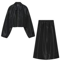 Europäischer und amerikanischer Stil, Außenhandels-Damenbekleidung, neue 2025, modische, einfarbige, einfache Revers-Kurzjacke, halber Rock-Set