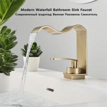 Luksusowa bateria umywalkowa ze szczotkowanego złota, montowana na blacie, mieszacz mosiężny ciepła i zimna woda, bateria umywalkowa z wylewką wodospadową, kran do umywalki. Nowoczesny kran do baterii