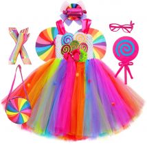 Vestido tutú de arcoíris para niñas, disfraz de piruleta dulce, disfraz de celebración del Festival Purim, vestido tutú con diseño de caramelo para niñas