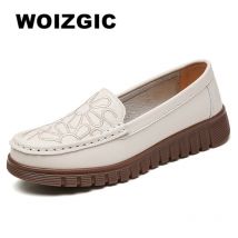 WOIZGIC Damen-Mutterschuhe aus echtem Leder, rutschfest, weich, für Frühling und Herbst, Mokassin