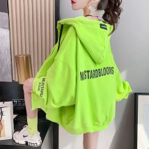 Damen Kapuze voller Reiß verschluss Sweatshirts grüner Brief druck Frühling und Herbst Hoodies Text Baggy weibliches Top lose mit Reiß verschluss m