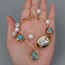 Yygem blau Murano Glas vergoldet Perlmutt Muschel Zuchtperlen Armband Frauen Schmuck Geschenk