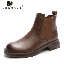 Derkanol Mode Frauen dicke Ferse Stiefeletten Herbst Winter warme Schuhe runde Zehen echte Rindsleder britischen Stil Slip auf Schornstein Stiefel
