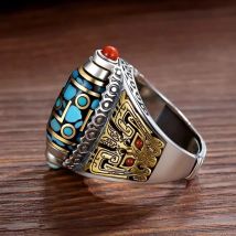 Nine Turns Dzi Open Luck Ring Adjustable Size Ethnic Style Rotatable Finger Ring Tibetan Buddhism Six-character Mantra Jewelry