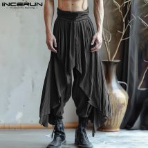 2024 INCERUN Men's Solid Color Long Harem Pant Causal Solid Trousers Ruffle Pantalons American Style Fashion Oversize Streetwear