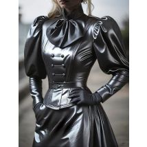 Kunstleder PU Top für Damen Stehkragen Laternenärmel Biker High Street American Retro Bluse Vintage Cinched Bow T-Shirts