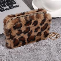 Modische kurze Geldbörse aus Plüsch mit Leopardenmuster und Schlüsselanhänger für Damen, großes Fassungsvermögen, Kartenhalter, Münztasche mit Reißverschluss