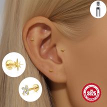 ROXI 925 Sterling Silver 3 Pz Ottagonale Stella/Cuore Design zircone Orecchino Penetrante Set Per le donne 16G 5/6/8mm Asta Orecchini gioielli