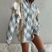 Farbe Spleißen Lose Hemd Dünne Rüschen Top Herbst Frauen Plaid Bluse Y2K Vintage Langarm Taste Unten