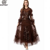 Women's Glamorous Cocoa Brown Sequin-Embellished Long Sleeve High Neck Tulle Maxi Dress with Ruffle Trim