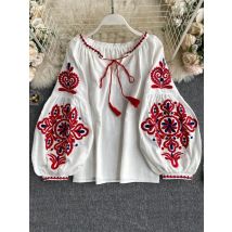 Women's Retro Blouse National Style Embroidered Lace-Up Tassel V-Neck Lantern Sleeve Tops Loose All-Match Female Blusa PL536
