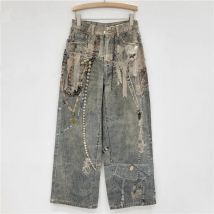 Spitze Perlenkette 3D-gedruckte Jeans mit weitem Bein, lockere Damenhose mit geradem Bein, modische Streetwear