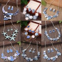 Cring Coco New Design Blue Enamel Necklaces Set Elegant 2024 Women's Geometric Jewelry Sets Necklace for Women Grandmother Gifts