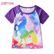 Dxton Sommer T-Shirts für Mädchen Kurzarm Kinder T-Shirts bunte Sternen himmel gedruckt Kinder Tops Einhorn Kleinkinder T-Shirts 3-8yrs