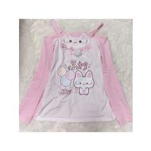 Sweet Japanese T-shirts Women's Clothing Pink Butterfly Patchwork Lace Slash Neck Tees Anime Print Off Shoulder Cute Y2k Tops