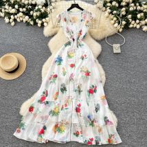 Sommer Urlaub Wunderschöne Blumen Kleid frauen Ärmellose Rüschen V-ausschnitt Blume Drucken Tasten Chiffon Bohemain Robe Vestidos
