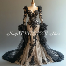 Fantasy Gothic Victorian Prom Dress Black Lace Tulle Long Sleeve Mermaid Evening Women's Party Masquerade Customised