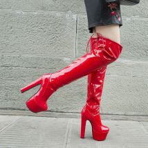 Rimocy Frauen Plattform Über Das Knie Stiefel Sexy 17 CM Super High Heels Rot Patent Leder Lange