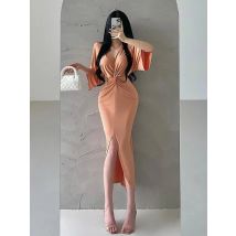 Herbst Lose Beiläufige Lange Kleid V-ausschnitt Twisted Strap Taille Split Kleid Elegante Orange Rosa Kleider Schlanke Frauen 2024 Neue Top 07PM