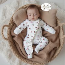 Newborn Baby Girl Fall Romper Cherry Print Long Sleeve Zip Up Round Neck Ruffled Footed Jumpsuit with Headband