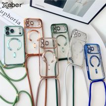 Custodia magnetica placcata per iPhone 17 Pro Max 16 15 13 12 14 Plus Collana a tracolla Cordino trasparente per Magsafe Cover morbida in silicone
