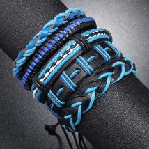 5Pcs/Set Handmade Vintage Colorful Black Blue Leather Men Bracelets Bangle Jewelry For Women Mix Styles Adjustable Gifts