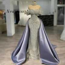 Schulterfreie Abendkleider aus Dubai mit lila Kristallen und abnehmbarer Schleppe, maßgeschneiderte formelle Kleider für Hochzeit, Verlobung, Party