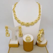 Latest Brazilian Gold Color Plated Chain Jewellery Set For Women Luxury  Dangle Earrings Necklace Bracelet Ring Set Bridal Gift