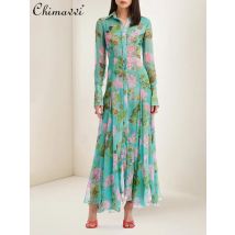 Französisches romantisches Kleid 2023, Frühjahr, neues High-End-Temperament, bedrucktes einreihiges Kleid, Urlaubsstil, feminines langes Kleid