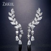 ZAKOL AAA CZ Kristall Zirkonia Blatt Lange Quaste Drop Ohrringe für Frauen Mädchen Mode Flügel Hochzeit Schmuck