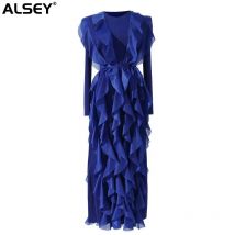 Alsey miyake plissierte Rüschen Kleid neue 2024 Frühling Frauen voller Ärmel Gürtel runden Kragen schicke Abend party einfarbiges Kleid