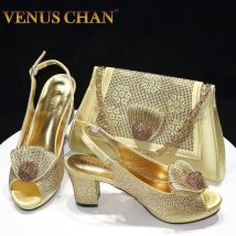 Venus Chan 2024, italienisches Design, mädchenhafter Stil, goldene Farbe, Hochzeitsschuhe und Tasche, voller Diamant-Dekoration, Metallverschlusstaschen