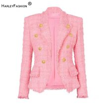 Dame Herbst Winter Vintage eleganten Stil Tweed Jacke Zweireiher gekerbte Damenmode Quasten schmal geschnittenen Blazer