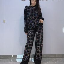 Vintage Frauen Hot Drilling Regenbogen Diamanten Strickpullover Plaids Nieten Pullover Langarm Tops + Gerade Beine Hosen 2-teiliges Set