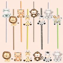 16 Stück Karton-Trinkhalme mit wildem Tiermotiv, Öko-Papier-Trinkhalme für Kinder, Babyparty, Dschungel, Safari, alles Gute zum Geburtstag, Party-Dekorationen