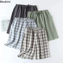 Neue 2026 Herren-Nachtwäsche, Pyjama-Shorts, kariertes Design, 100 % Baumwolle, lässig, locker, doppellagig, Homewear, Schlafhose, männliche Heimhose